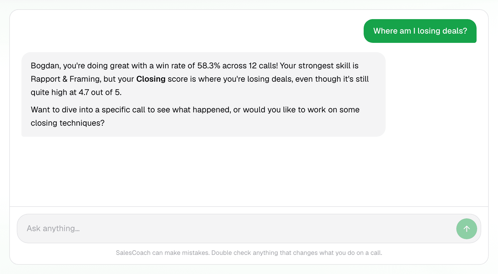 SalesCoach Coach chat screen answering questions grounded in real call data