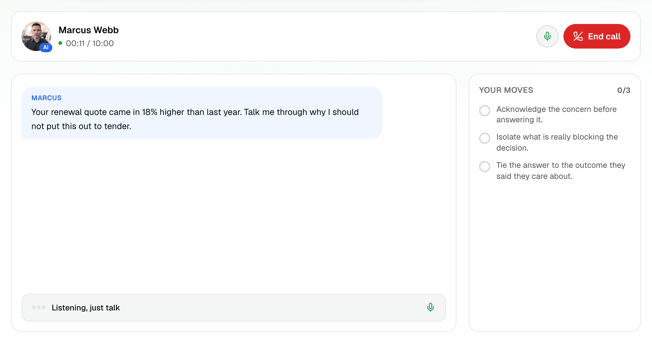 A live SalesCoach roleplay call with checkpoints tracked as the conversation happens